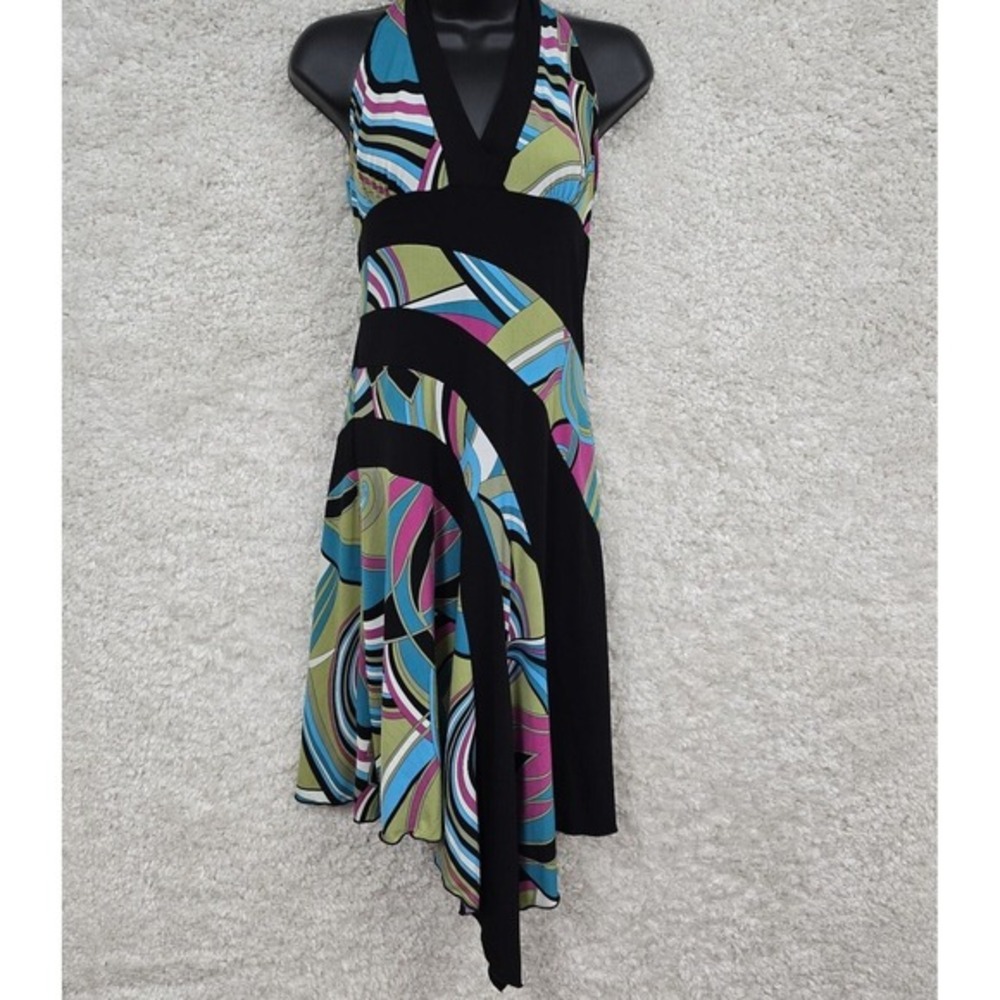 A. Byer Halter Handkerchief Hem Dress Womens Medium Black Teal Pink Y2K Babydoll